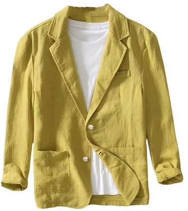 Chaqueta De Lino Y Algodón para Hombre, Chaqueta Ligera Y Transpirable De Primavera, Chaqueta De Traje Informal De Manga Larga De Corte Regular, Chaqueta Holgada De Tres Botones, Color Amarillo M