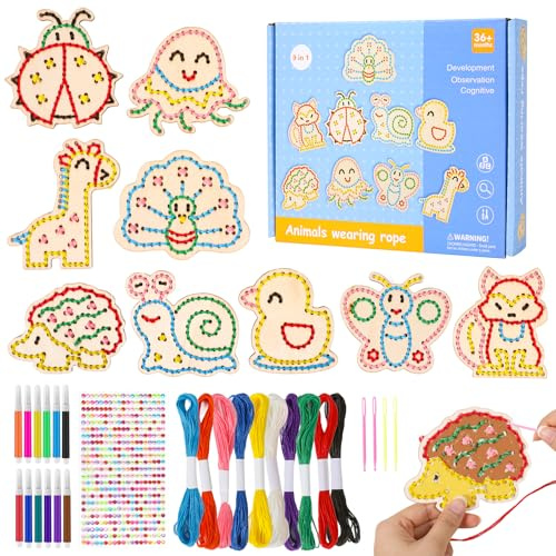 LTFIOON Kit Couture Enfant Animaux en Bois,Ensemble d'artisanat et de Couture pour Enfant,Kit de Couture Créatif pour Educatifs et Débutants,Cadeau Créatif Anniversaire pour Fille Garçon 3 4 5 6 Ans