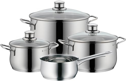 WMF Diadem Plus - Batería de Cocina 7 Piezas, Acero Inoxidable Apto para Inducción, 1 Cacerola Baja de 20 cm, 2 Cacerolas Altas de 16 cm y 24 cm, 1 Cazo 16 cm con 3 Tapas de Cristal