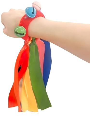 QFUPKTSU Dance Ribbon Bells Set, 25 cm Length, 4 Colours, Musical Wrist Bands with Jingle Bells (Red)