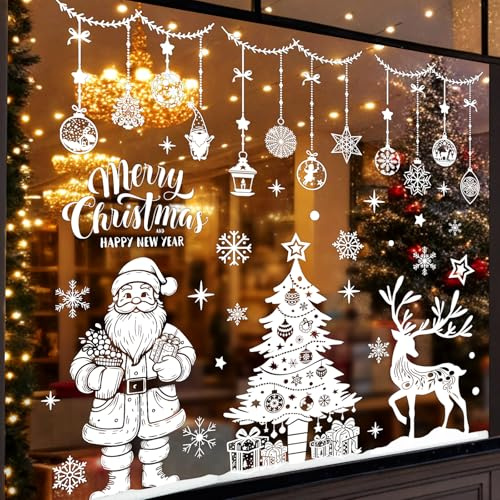 Christmas Window Stickers Large, BHGWR White Xmas Window Stickers Reusable 12 * 35 inch Christmas Window Decorations, Double Sided Snowflake Baubles Xmas Window Clings for Glass Shop Windows Display