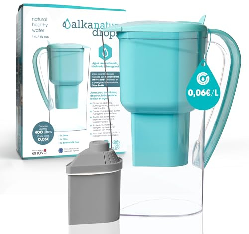 Caraffa filtrante per acqua Alkanatur Drops con filtro in zeolite - Idrogena + ionizza + aggiunge magnesio, rimuove cloro + metalli + batteri - Conforme alla norma UNE 149101:2015 - ALKANATUR