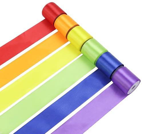6 Farben Satinband 4 cm, Gesamt 30 Yards, Einfarbiges Stoffband für Hochzeitsstrauß, Geschenkverpackung, Haarschleifen & Partydekoration (Regenbogen)
