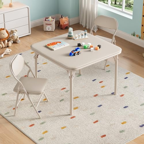 Aptliton 3-Piece Kids Folding Table and Chairs Set, Beige | Children's Upholstered Square Card Table & Soft Cushion Chairs, Toddler Activity Furniture, Metal Frame, for Daycare Playtime
