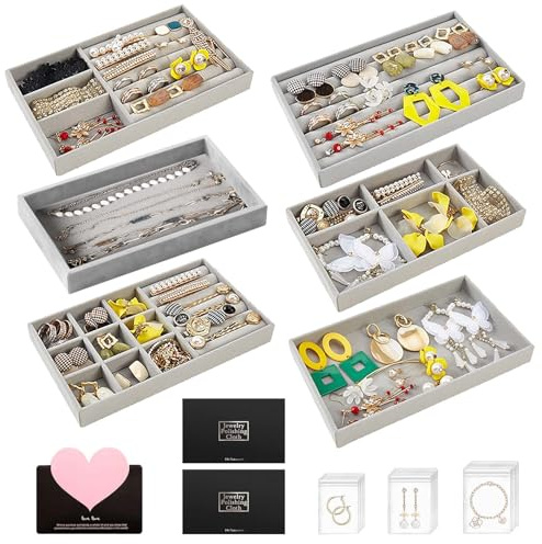 TOSUTO Organizador de Joyas,Organizador Joyas Cajones,Cajones de Terciopelo Gris Apilable Pack de 6,Bandeja Joyas para Collares,Anillos, Brazaletes y Pendientes