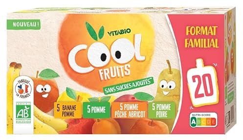 VITABIO COOL - Gourdes fruits Cool Fruits - Multiparfums FORMAT FAMILIAL 4 recettes (Pomme/Poire/Abricot/Banane) - 20x90g - BIO