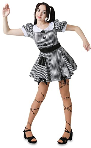 Ladies Ragdoll Halloween Costume - Medium - Black and White Gingham Dress with Black Patches - Adults Broken Doll Halloween Trick or Treat Fancy Dress Costume