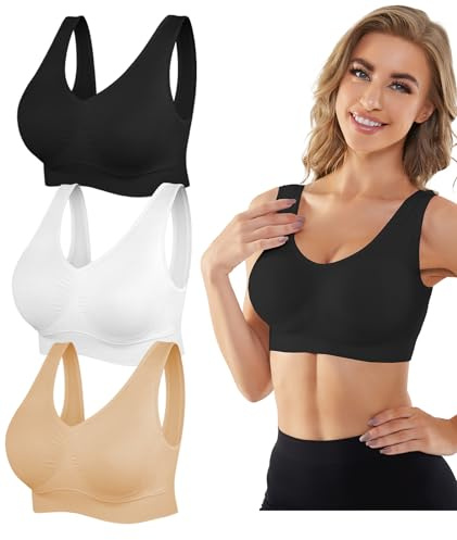 YADIFEN 3 Pack Womens Sports Bras,Wireless Comfortable Seamless Sleep Yoga Sports Bras for Women with Removable Pads