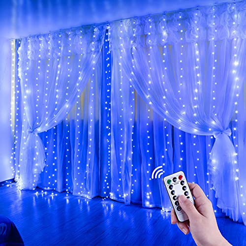 Anpro Cortina Luces, 3 x 3M con Control Remoto 8 Modos de USB Cortina de Luces Exterior Interior, 300 LED Cortina LED Decoración para Navidad Jardín Habitación Cortina - Azul