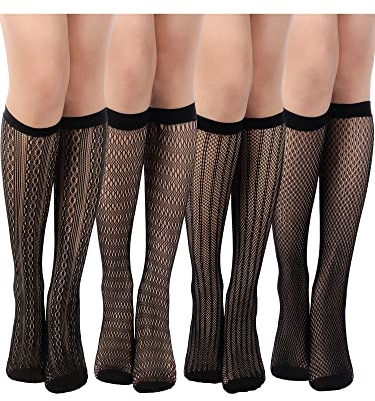 Geyoga 4 Paires Chaussettes de Mollet en Résille Mi-Bas en Résille Évidés pour Femmes (Style Frais, Taille Unique)