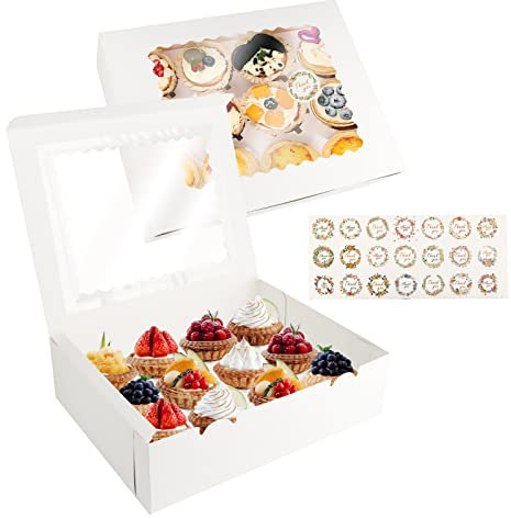 talifoca Lot de 10, Boîte à Muffins avec Fenêtre Transparente et Autocollants, en Carton Blanc, Robuste pour Décoration de Gâteaux et Transport de Cupcakes, 12 Trous