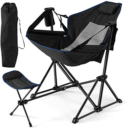 COSTWAY Hammock Camping Chair, Folding Swing Chair with Adjustable Back, Head Pillow, Cup Holder & Carry Bag, Portable Rocking Recliner for Picnic Fishing Hiking (with Retractable Footrest, Black)