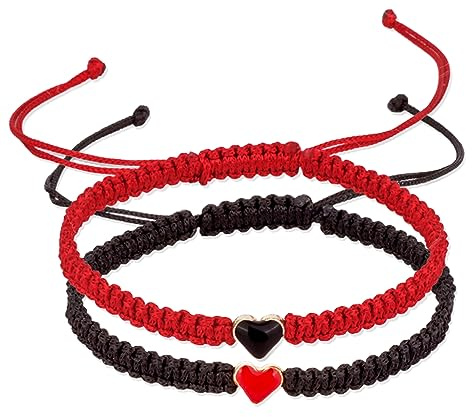 by Isla Jewelry Set of 2 Black and Red Matching Bracelets for Couples and Best Friends Colorful Heart Beaded Handmade Bracelet for Friendships and Partners Gift For Couple