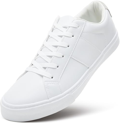 ZGR Men's Synthetic Leather White Sneakers,Low Top White Tennis Shoes,Lace up Casual Shoes(White,US10)