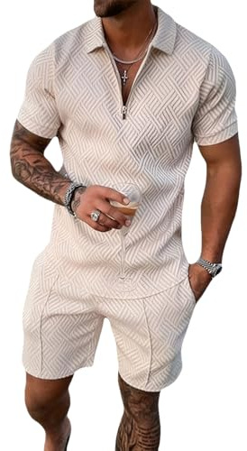 amropi Tuta Uomo Sportiva Maniche Corte Cerniera T-Shirt e Pantaloncini Estiva 2 Pezzi Set Completo Khaki, M
