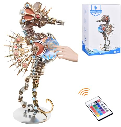 3D Metal Puzzles for Adults, Unique Gift for Men Women Hobbies Christmas Halloween Decorations Indoor Night Light, Mechanical Seahorse Model Buildings with LED Lamp, DIY Craft Difficult Model Kits