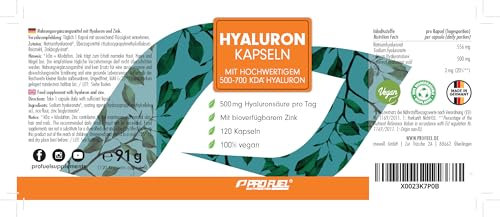 Hyaluron Kapseln 120x - optimal hochdosiert mit 500 mg Hyaluron pro Tag - hochwertige 500-700 kDa Hyaluronsäure + 2 mg bioverfügbares Zink - laborgeprüft mit Zertifikat - 100% vegan