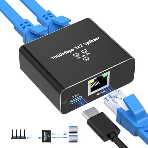 NEUTYPECHIC Ethernet Splitter 1 a 2, Switch Ethernet 1000 mbps, LAN Splitter 2 Ports, Gigabit Network Splitter RJ45 con Cable de Type C para Ordenadores, Conmutadores, Descodificadores, Televisores