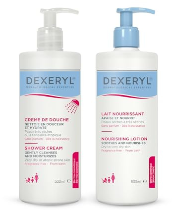 Dexeryl® Shower (500 ml) + Pflegelotion (500 ml): Sanfte Reinigung und feuchtigkeitsspendende - Lotion für trockene bis sehr trockene Haut, für Körper und Gesicht, hypoallergen