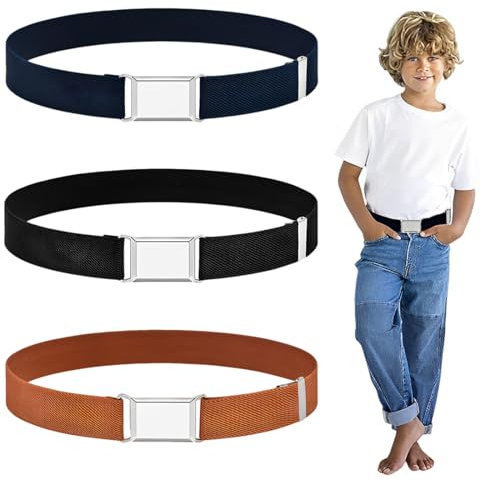 LAJUP 3 Piezas Cinturón Elástico Niños, Longitud Ajustable 35-75Cm, Cinturones Para Niños Y Niñas, Cinturón Con Hebilla Cuadrada Plateada Para Vaqueros, Vestid