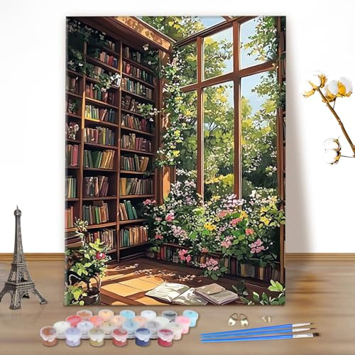 MEIYUDA Pintar por Numeros Adultos Paisaje Estantería, Cuadros por Numeros, DIY Pintura por Numeros Kit Manualidades Adultos, Decoración para el Hogar Regalo de pared 40x50cm(sin marco)