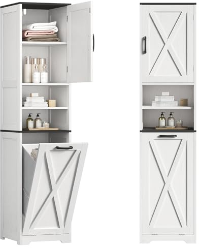 STHYTON Hoher Badezimmerschrank, Badschrank, Wäschekorbschrank im Landhausstil, kippbarer Wäschekorb, offenes Fach, verstellbare Ablagen, 44 Liter Fassungsvermögen, weiß und schwarz, 40x36x170cm