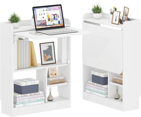Wall Mounted Table Folding Desk,Drop Leaf Floating Table w/4 Storage Shelve | Space Saving Computer Desk Home Office Desk Workstation for Small Space Study Bedroom Dining Kitchen Living Room (White)
