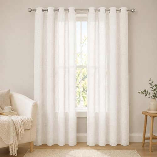 VKZ Tende Semitrasparenti Effetto Lino con Occhielli, Set da 2 Pannelli, Tende per Interni Soggiorno Camera da Letto Cucina, 140 x 290 cm,Bianco