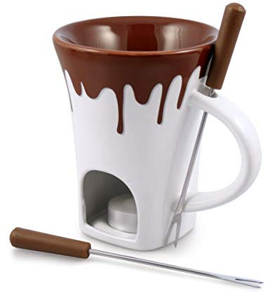 Swissmar F12064 Lot de 4 tasses à fondue au chocolat nostalgique, céramique/acier inoxydable, blanc/marron, 120 ml, bougie chauffe-plat, passe au lave-vaisselle, boîte cadeau