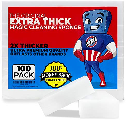 100 Pack Extra Thick Magic Cleaning Sponges - Eraser Sponge for All Surfaces - Double Thickness - Kitchen-Bathroom-Furniture-Leather-Car-Steel - Just Add Water - Melamine - Universal Cleaner