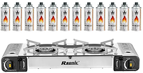 Mianova Campingkocher Doppel Gaskocher 2 flammiger Shisha Anzünder Grill Notfallkocher Kühltasche Gaskartuschen Gas Kocher Set Silber 12 Gasflaschen