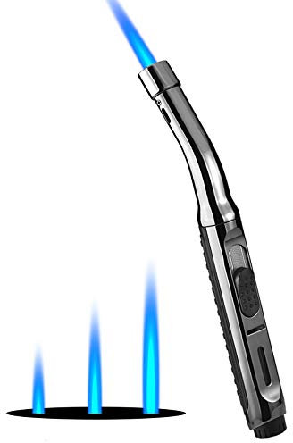 Yeuligo Torch Lighters, 7.6in Long Butane Lighter with Visible Window, Adjustable and Refillable Lighter for Kitchen Fireplace Camping Candle Grill BBQ Fireworks.Gas Not Included(Black)