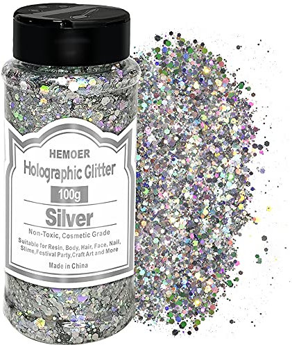 HEMOER Holographic Chunky Glitter, Silber 100g Chunky Pailletten Glitter, Craft Glitter für Harz, Gesicht, Nagel, Körper, Kunsthandwerk, Slime Festival Party Art, Glitzerpuder für Nägel Glitzer