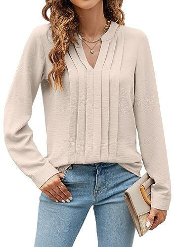 Blooming Jelly Womens Long Sleeve Tops Ladies Blouses V Neck Pleated Shirts Autumn Clothing Apricot L