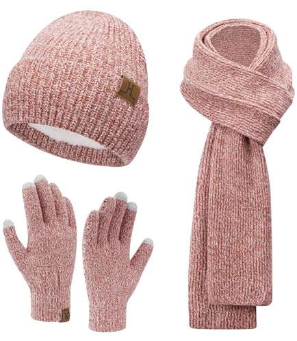 Femme Hiver Bonnet Chapeau Écharpe longue Gants Tactiles Écran Ensemble Chaud Tricot Polaire Doublé Casquette Foulard Gant Cadeaux de Noël Anniversaire pour Femmes