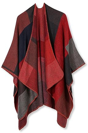 LumiSyne Invernale Scialle in Cashmere Donna Poncho Cape in Maglia Motivo a Quadri Blocchi di Colore Frontale Aperto Mantello Cardigan Coperta Scialle Elegante Maglione Poncho Caldo Pashmina Sciarpa