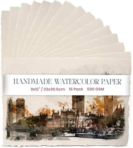 Wanderings Carta Gruesa Para Acuarela Hecha A Mano Con Borde Desgarrado – 500 GSM– Papel Marfil Texturizado En Frío De Alta Fabricado Con Algodón Reciclado, 15 Hojas Sueltas – 23 x 30.5 cm
