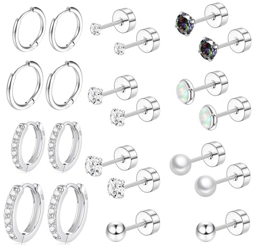 Hypoallergenic Flat Back Earring Sets for Multiple Piercing Sterling Silver Small Huggie Hoop Earrings for Women Surgical Stainless Steel FlatBack Silver Stud Earrings Trendy Cartilage Earring Stacks