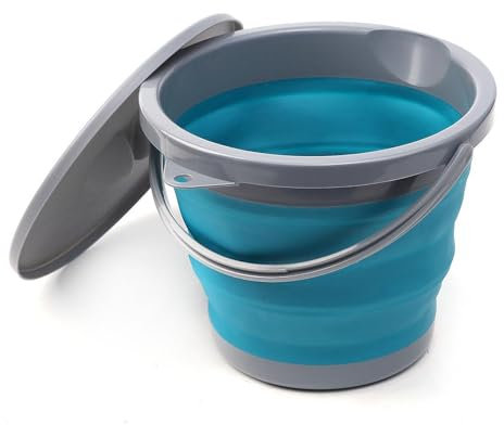 Cubo plegable de 5 l, cubo plegable para pesca, cubo pequeño con tapa, cubo de limpieza azul plegable de silicona, cubo de agua portátil para lavado de coches, camping, pesca, limpieza
