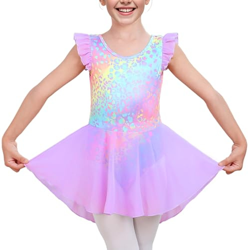 Stylish Girls' Ballet Leotard with Skirt - Elegant Flutter & Ruffle Sleeves, Comfortable Stretch Fit, Perfect for Dance, Lavender Size 8-9T