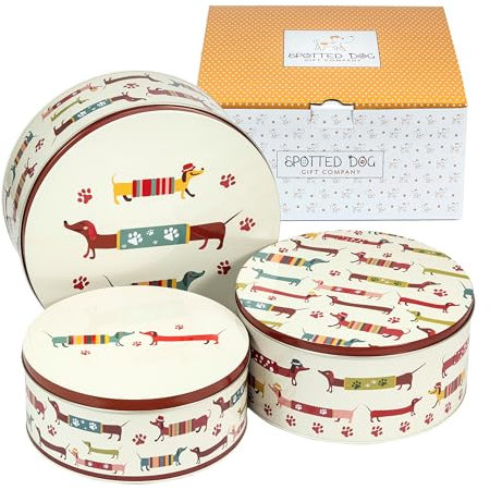 SPOTTED DOG GIFT COMPANY Keksdose Metall, Plätzchendose Set, Gebäckdose Rund - Klein Mittel Groß mit Hunde Motiv, Küchenzubehör Küchen und Backen Geschenke, Dackel Geschenk für Hundebesitzer Frauen
