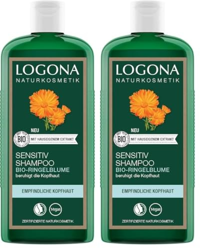 LOGONA Naturkosmetik Sensitiv Shampoo für natürlich gesundes Haar, Geeignet für empfindliche, sensible Kopfhaut, Mildes Haarshampoo mit veganer Formel aus Bio Ringelblume, 1 x 250 ml (Packung mit 2)