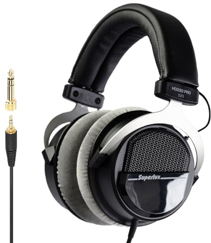 Superlux HD 330PRO, 32 ohms, Over-Ear Headphones, Professional Semi-Open Wired Headphones with 40mm Neodymium Drivers and Solid Bass, 3.5/6.3mm Jack Adapter for Smartphone, Tablets, Laptops, Computer