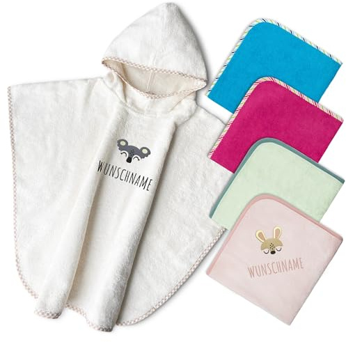 my STITCHERY Poncho da bagno per bambini con nome e motivo ricamato, Oeko-TEX® Standard 100 - Asciugamano con cappuccio personalizzato per neonati in pura cotone per un asciugatura delicata (Natura)
