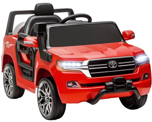 AIYAPLAY Coche Eléctrico para Niños de +3 Años Toyota Land Cruiser Coche Eléctrico con Batería 12V Mando a Distancia Faros Bocina Arranque Suave y Música MP3 Rojo
