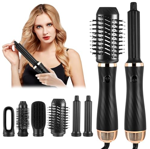 6 en 1 Secador de Pelo con 6 Cabezales Intercambiables, Cepillo de Aire Airstyler Set para el Secado Rápido y Rizador pelo, Secador Moldeador Alisador para Volumen Alisa y Seca