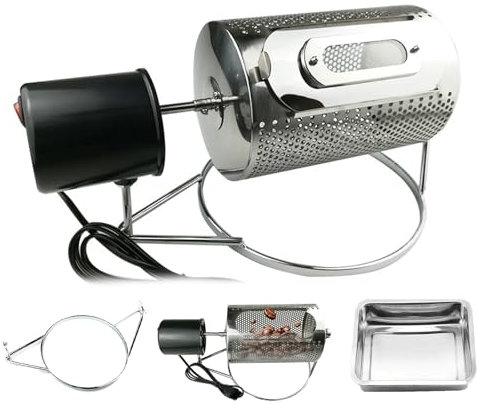 Tostatore di Chicchi di caffè in Acciaio Inox, Tamburo Elettrico da 250 G, con Finestra Visibile e Vassoio in Acciaio Inox, Tostatore di Noccioline di Grano della Famiglia holeless