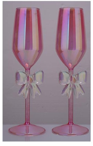 NiHome 2-Pack Pink Iridescent Champagne Flutes with Bow Base for Women, 10.5oz/310ml Handcrafted High Borosilicate Glasses, Elegant Rainbow Glassware for Wedding Party Celebration