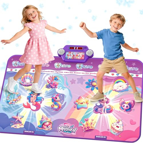 MUZREES Dance Mat, Dance Pad Toy with LED Lights, 2 Players Unicorn Dance Pad for Kids, Birthday Party Game Music Princess Gift Ideas for Girls 3-12