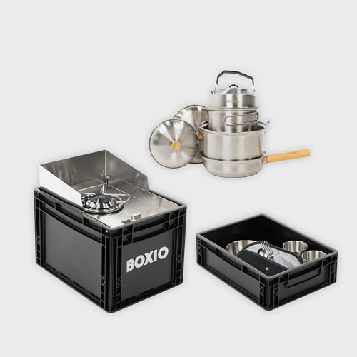 BOXIO – COOK Max+: Campingkök komplett set med lagringsutrymme och | Campingkastrullset och campingporslin, gaspatroner campingkök för camping, utomhus, Vanlife och som patronkokare